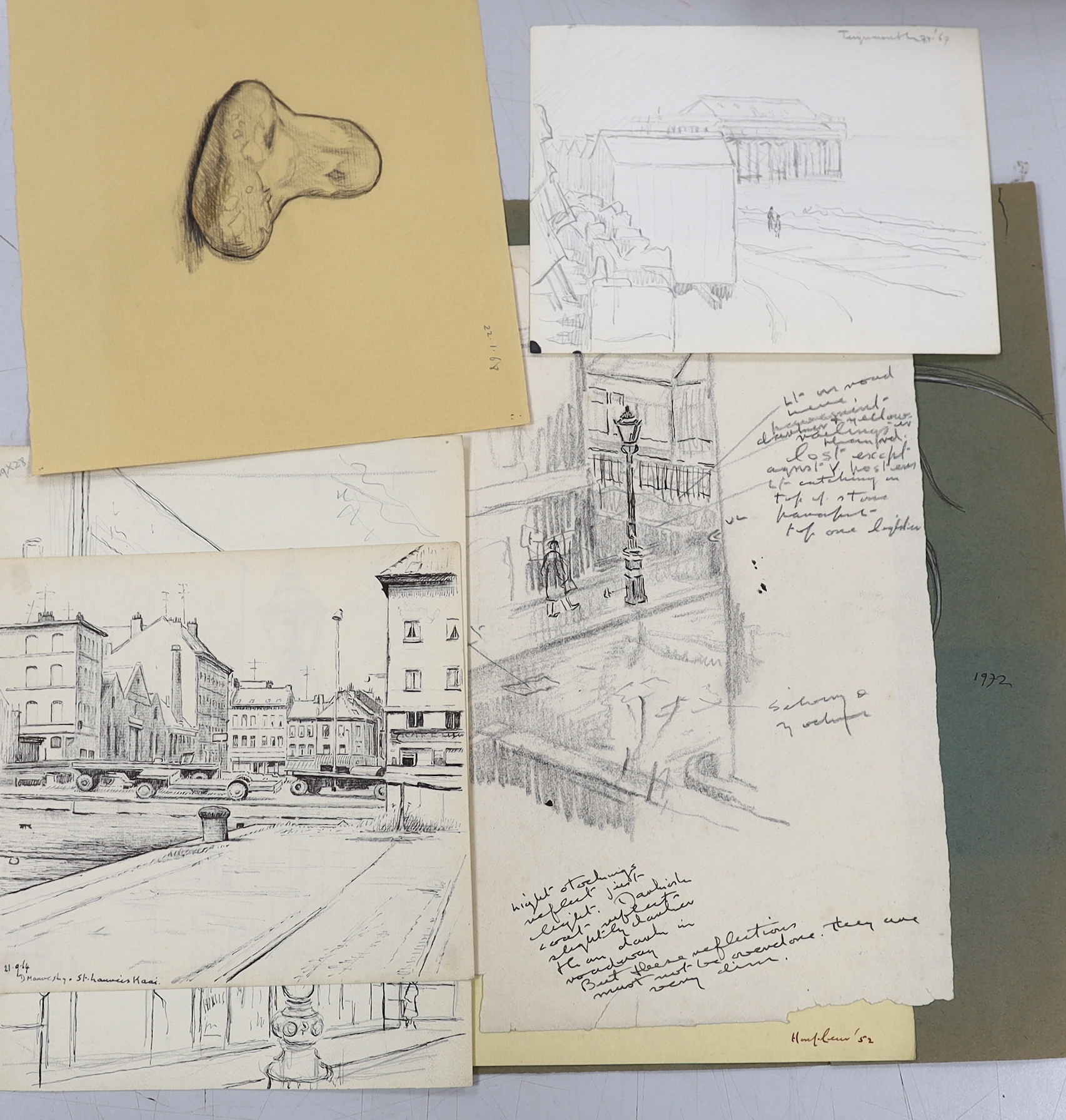 Clifford Hall (1904-1973), a collection of fourteen pencil and ink sketches on paper, figural studies and landscapes, some inscribed and dated, unframed, largest 42 x 31cm